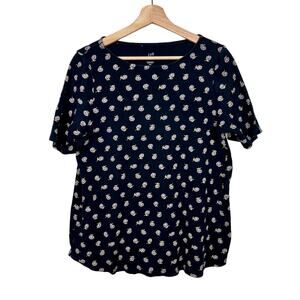 J. Jill‎ Women's Large Petite Pima Shirttail Tee Black Daisy Scoop Neck